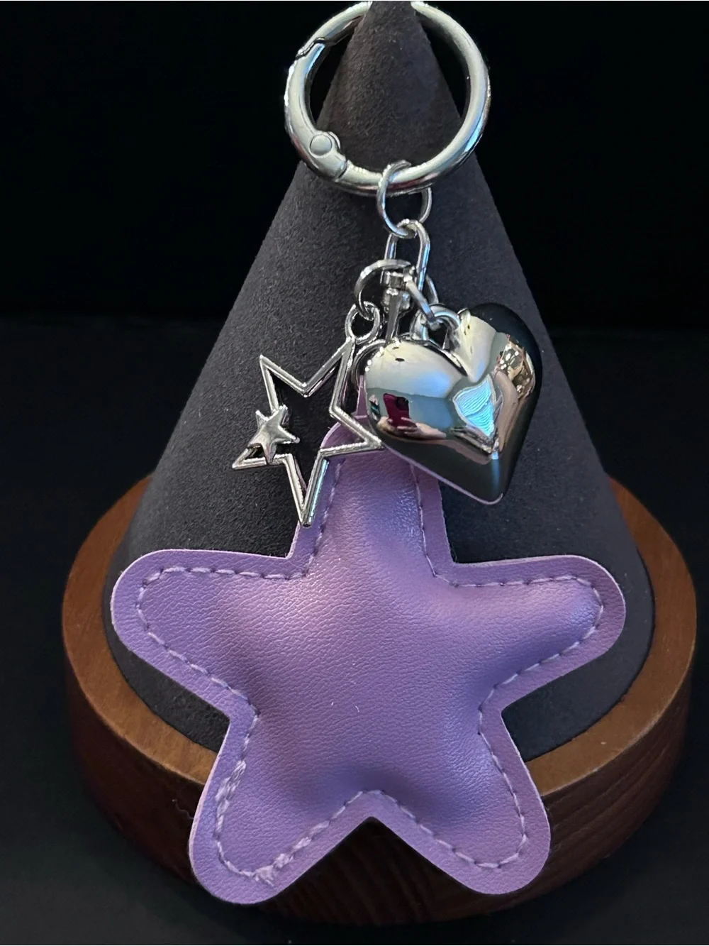 FauxLeather Star Bag Charm Keychain w/Silver Heart & Star Charms Choice of Color